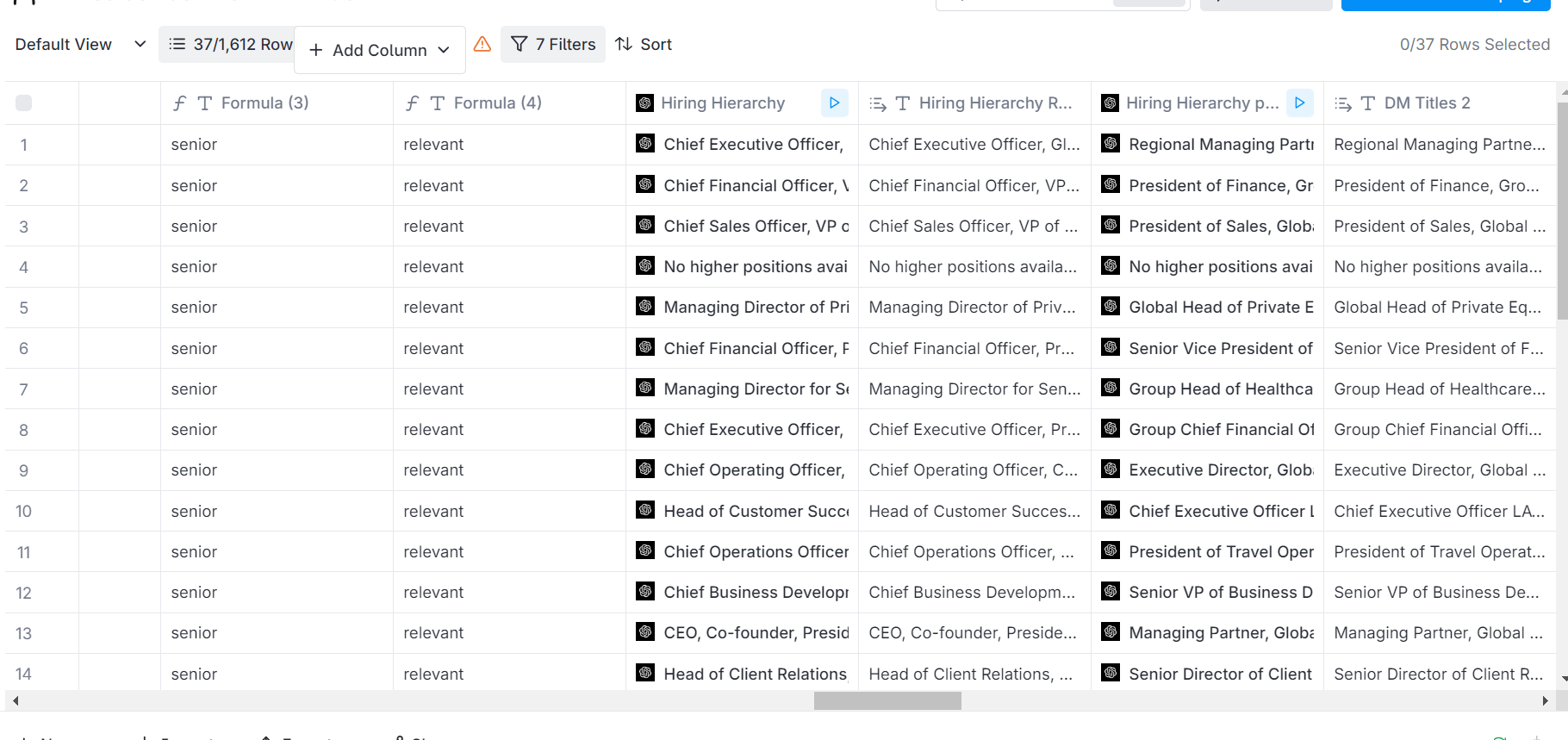 A Clay table using AI formulas to identify the right decision-makers from a list of employees